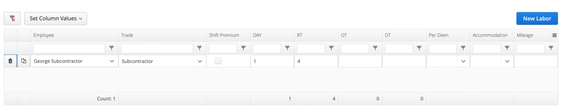 Aimsio ticket labor grid in the field crew view: DAY and RT hours are captured with no rate columns anywhere in the row