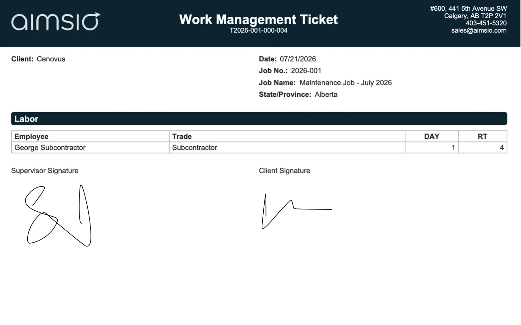 Generated Aimsio work management ticket PDF: the labor line shows DAY and RT quantities with no rates, above the supervisor and client signatures