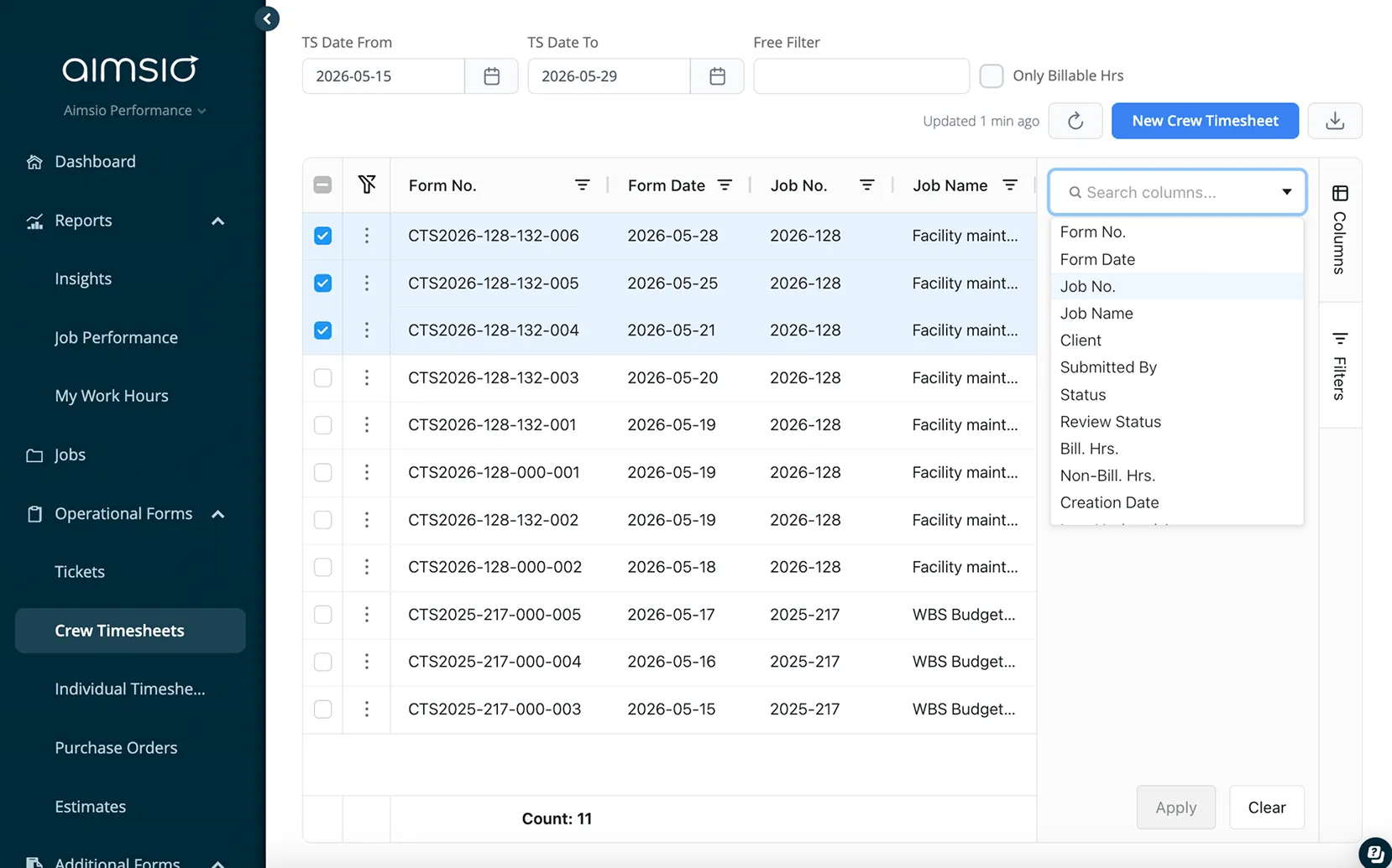 Aimsio Timesheets showing auto-generated crew hours from field data