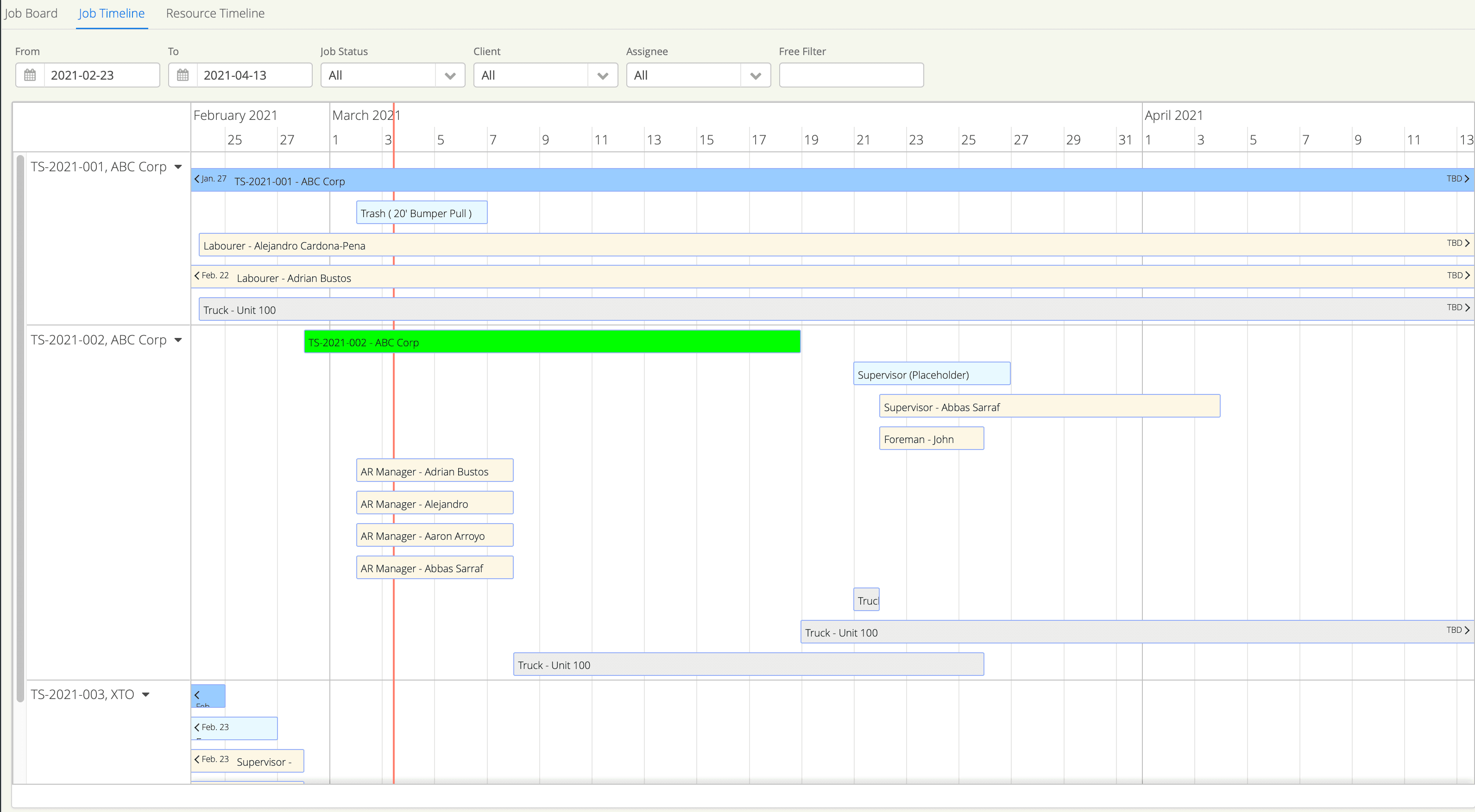 Use a dispatching software like Aimsio to dispatch crew and equipment. The Aimsio Job Timeline view is just one way to tackle resource dispatching.