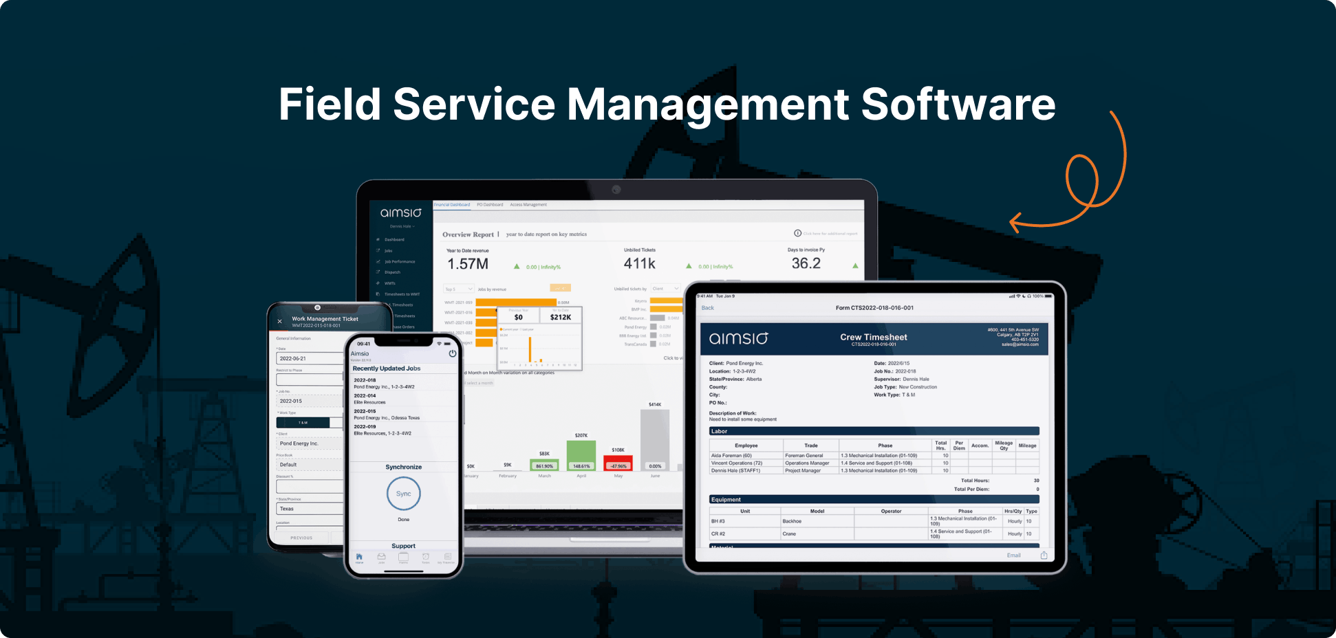 Aimsio field service management software (FSM)interface on tablets and mobile, showing real-time data on the dashboard, crew timesheet, and work ticket.