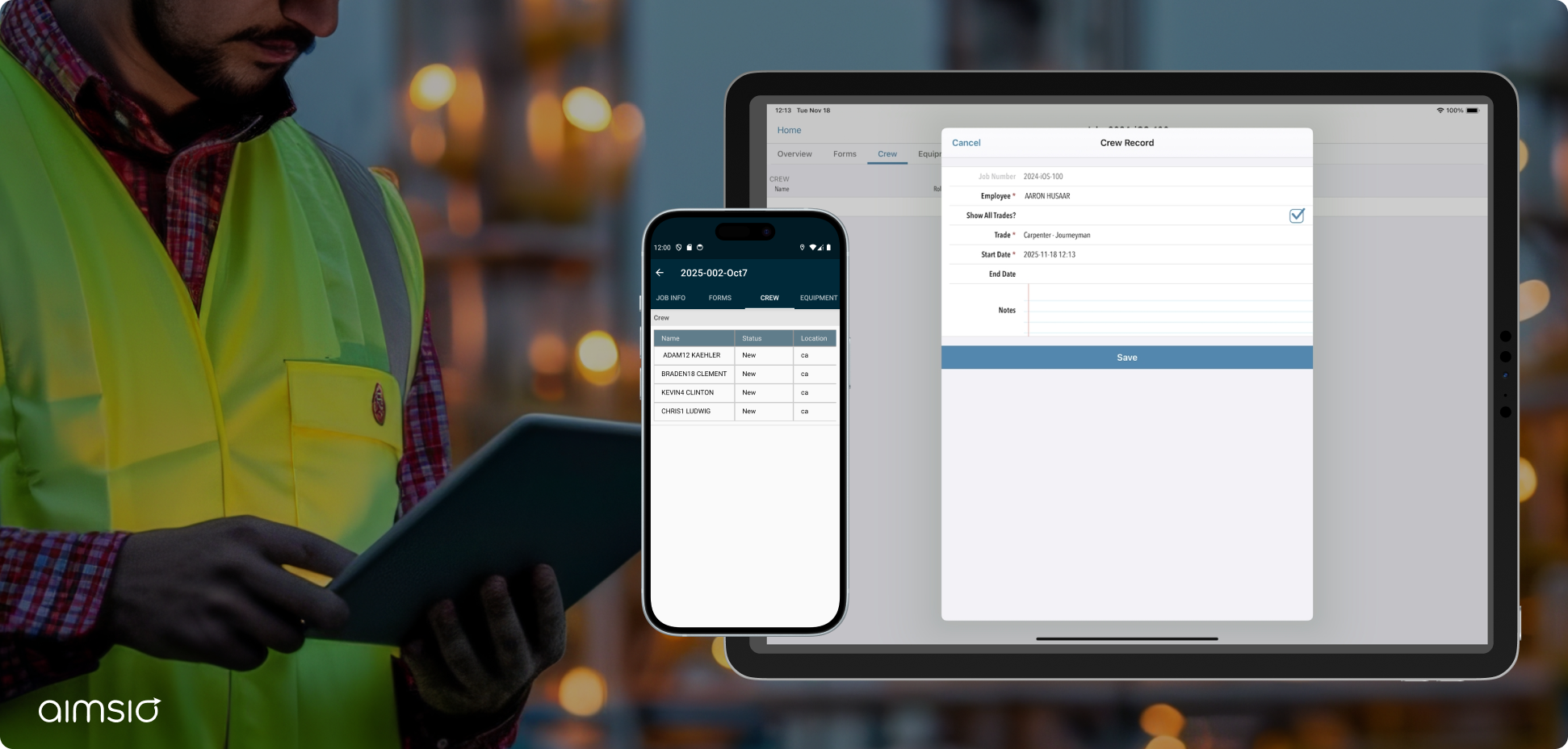 Oilfield worker with a tablet in the background. Mobile and tablet interface in the foreground showing the job assignment feature on Aimsio's field service management software.
