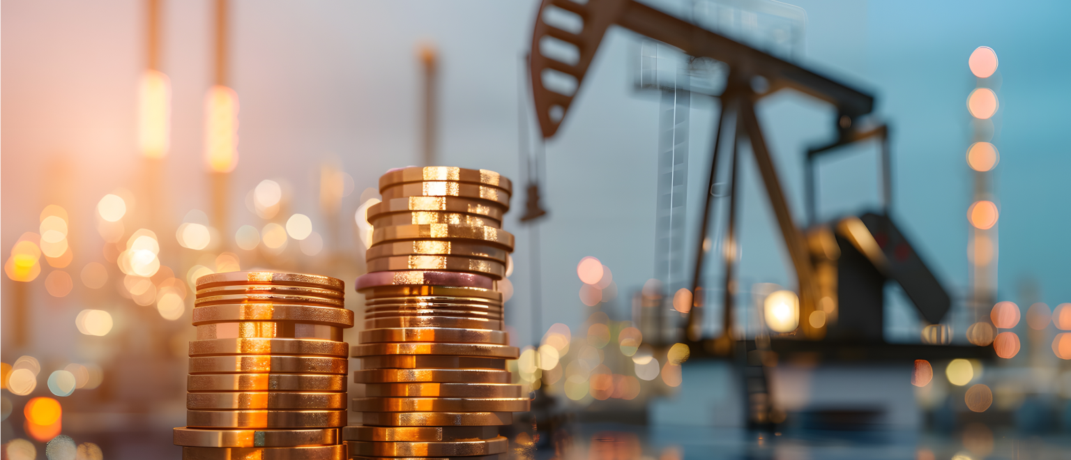 Stacked gold coins in front of a blurred oil pump jack, representing revenue and financial performance in oilfield operations