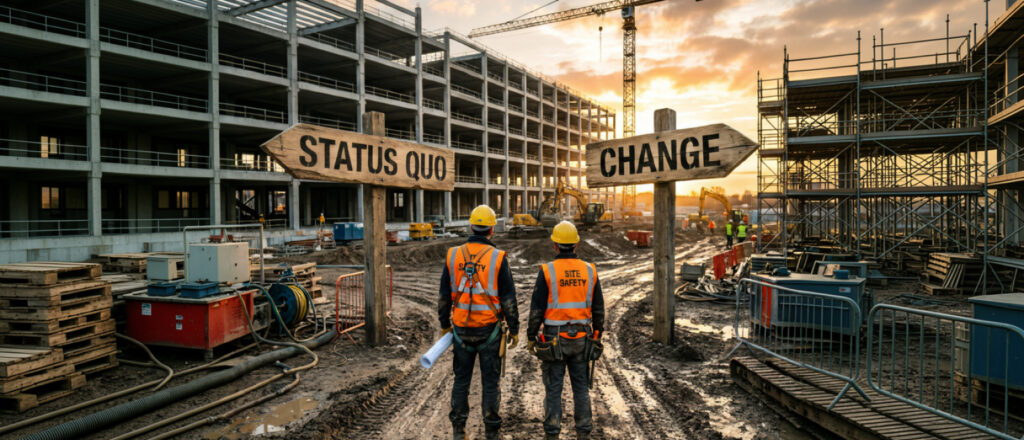Construction site sunset with workers facing a fork in the road labeled Status Quo vs. Change. A metaphor for field service companies overcoming revenue leakage and billing delays by moving away from spreadsheet-dependent status quo processes toward automated field management.